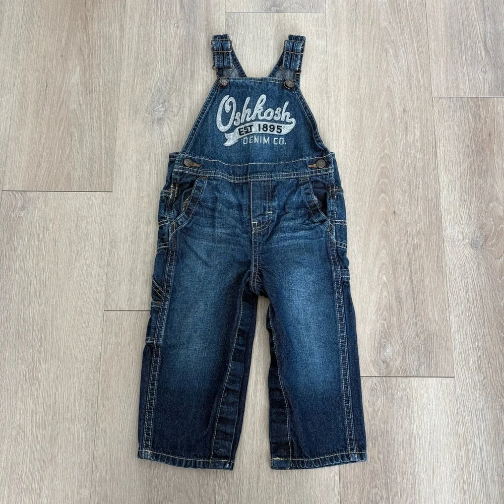 OshKosh B'gosh Kids Unisex Blue Denim Overalls 18-24 Months Classic Snaps Cotton